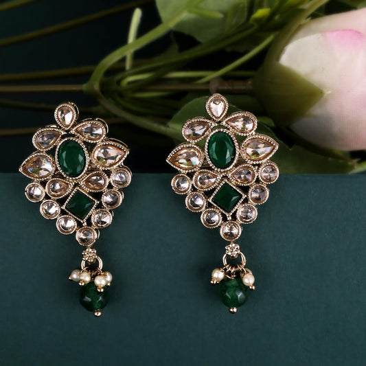 Saloni Fashion Jewellery Flower Design Green Uncut Kundan Stone Mother of Pearl Antique Gold Plated Dangle Earring For Women and Girls