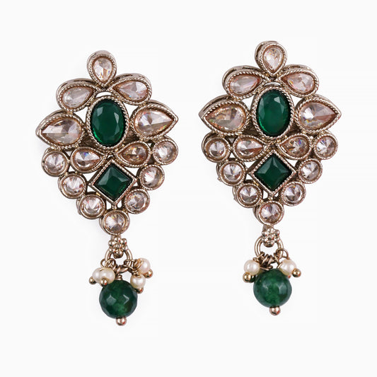 Saloni Fashion Jewellery Flower Design Green Uncut Kundan Stone Mother of Pearl Antique Gold Plated Dangle Earring For Women and Girls