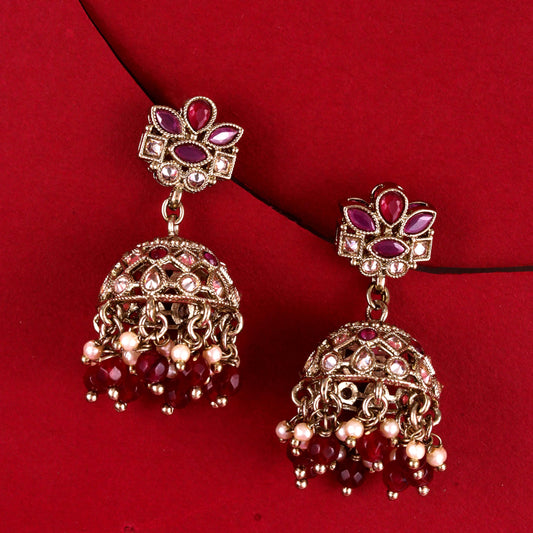 Saloni Fashion Jewellery Flower Design Maroon Uncut Kundan Stone Antique Gold Plated Jhumki Earring For Women and Girls