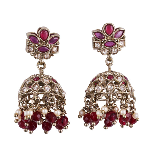 Saloni Fashion Jewellery Flower Design Maroon Uncut Kundan Stone Antique Gold Plated Jhumki Earring For Women and Girls