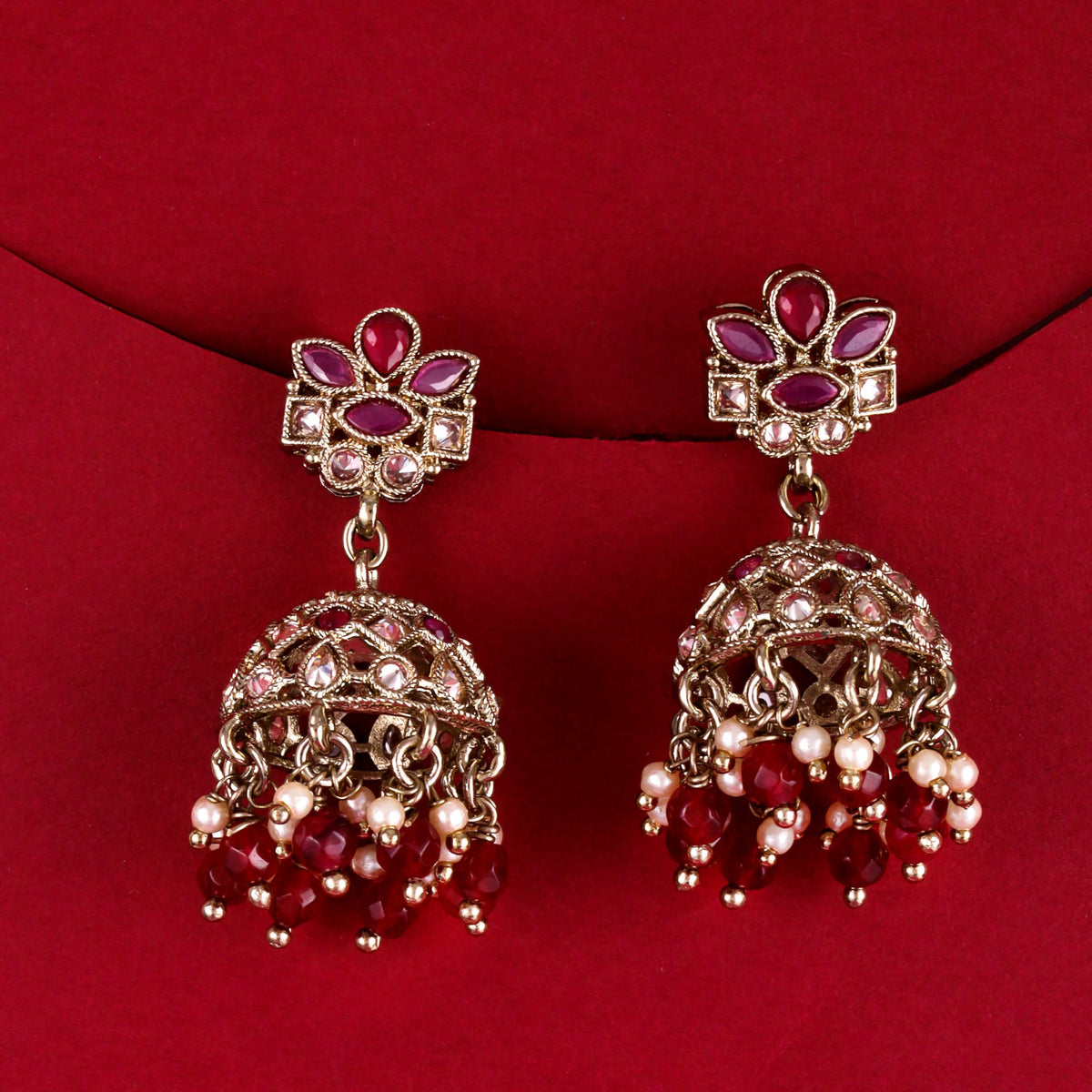 Saloni Fashion Jewellery Flower Design Maroon Uncut Kundan Stone Antique Gold Plated Jhumki Earring For Women and Girls