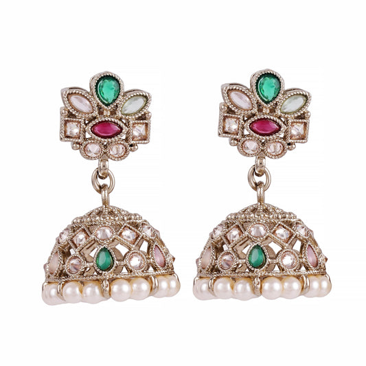 Saloni Fashion Jewellery Flower Design Multi Uncut Kundan Stone Antique Gold Plated Jhumki Earring For Women and Girls