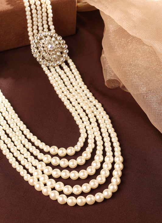 Saloni Fashion Jewellery Flower Design Pearl 5 String Brown Stone Kundan Antique Gold Plated Long Haram Necklace Mala For Women and Girls