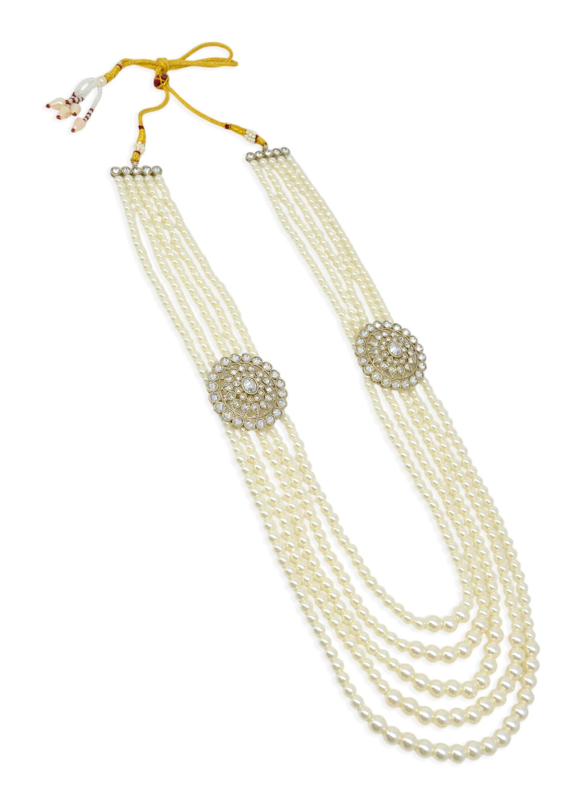 Saloni Fashion Jewellery Flower Design Pearl 5 String Brown Stone Kundan Antique Gold Plated Long Haram Necklace Mala For Women and Girls - view 2