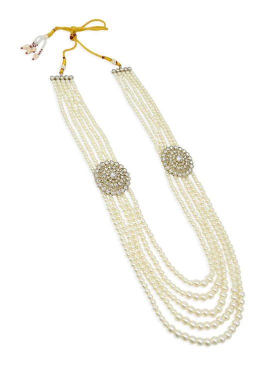 Saloni Fashion Jewellery Flower Design Pearl 5 String Brown Stone Kundan Antique Gold Plated Long Haram Necklace Mala For Women and Girls