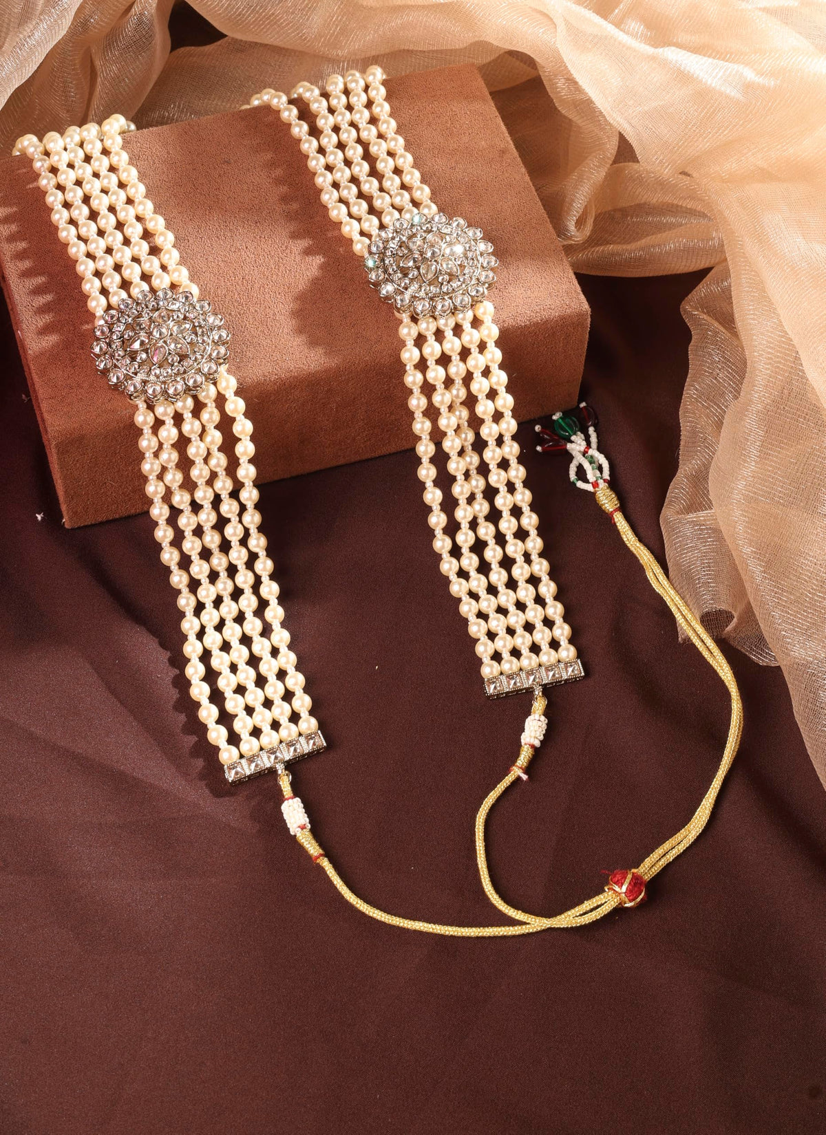 Saloni Fashion Jewellery Flower Design Pearl 5 String Brown Stone Kundan Antique Gold Plated Long Haram Necklace Mala For Women and Girls - view 4