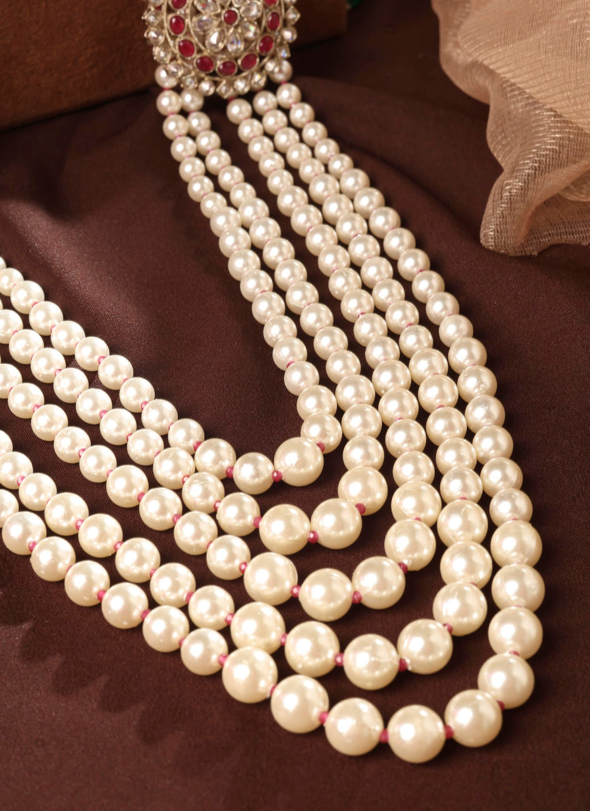 Saloni Fashion Jewellery Flower Design Pearl 5 String Ruby Stone Kundan Antique Gold Plated Long Haram Necklace Mala For Women and Girls
