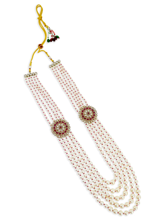 Saloni Fashion Jewellery Flower Design Pearl 5 String Ruby Stone Kundan Antique Gold Plated Long Haram Necklace Mala For Women and Girls