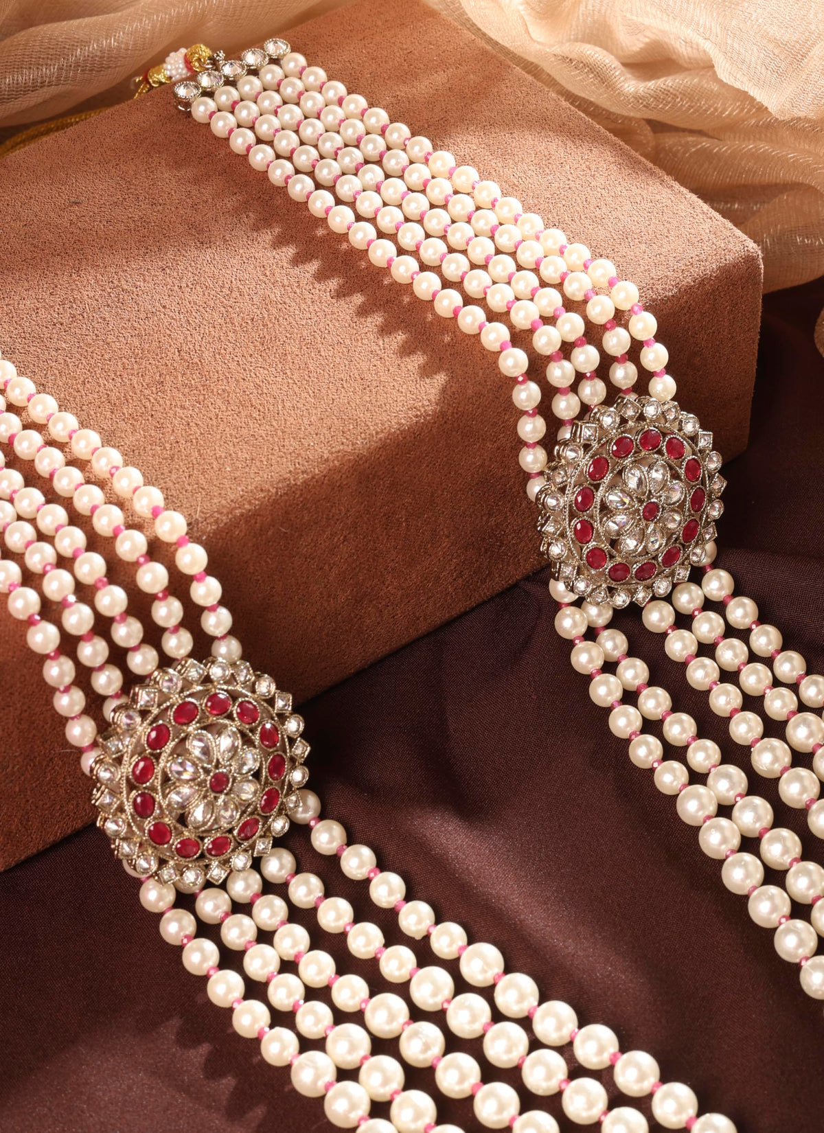 Saloni Fashion Jewellery Flower Design Pearl 5 String Ruby Stone Kundan Antique Gold Plated Long Haram Necklace Mala For Women and Girls