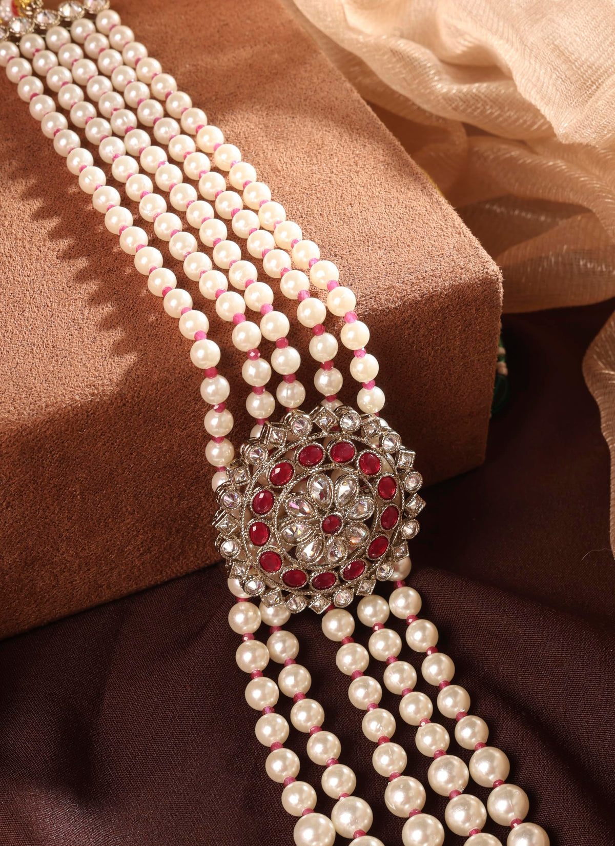 Saloni Fashion Jewellery Flower Design Pearl 5 String Ruby Stone Kundan Antique Gold Plated Long Haram Necklace Mala For Women and Girls