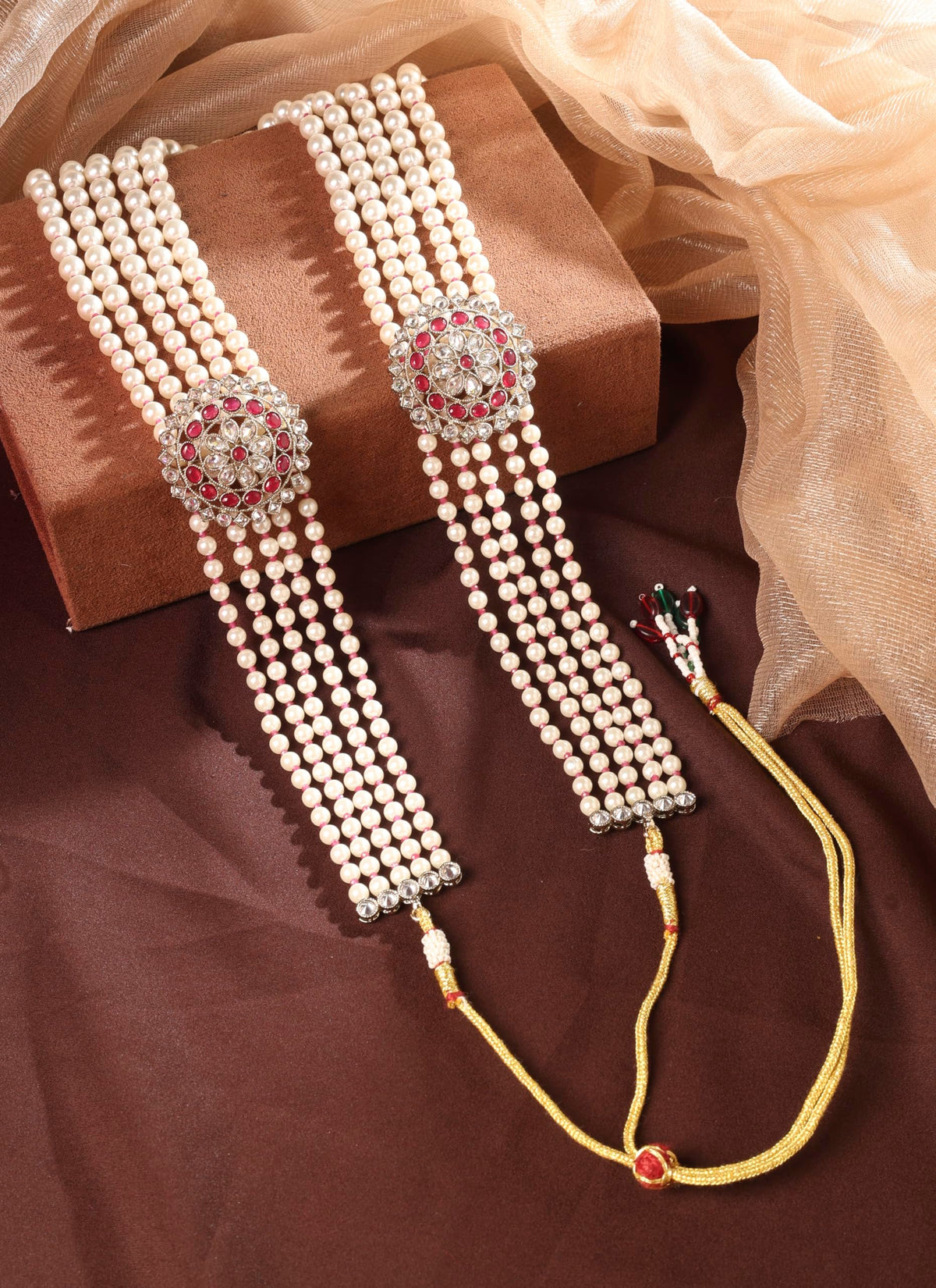 Saloni Fashion Jewellery Flower Design Pearl 5 String Ruby Stone Kundan Antique Gold Plated Long Haram Necklace Mala For Women and Girls