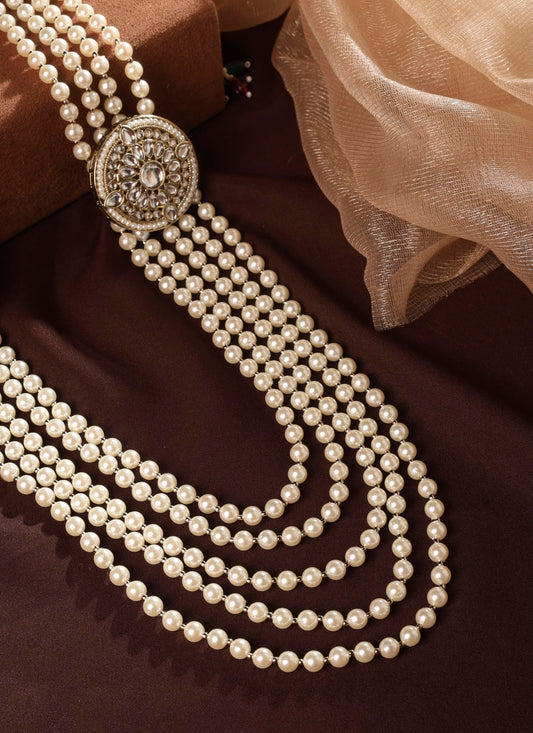 Saloni Fashion Jewellery Flower Design Pearl 5 String White Stone Kundan Antique Gold Plated Long Haram Necklace Mala For Women and Girls