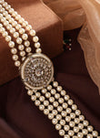 Saloni Fashion Jewellery Flower Design Pearl 5 String White Stone Kundan Antique Gold Plated Long Haram Necklace Mala For Women and Girls - view 3