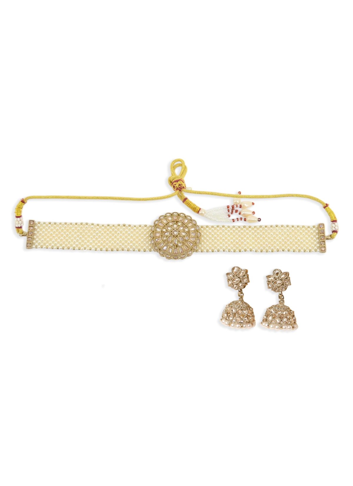 Saloni Fashion Jewellery Flower Design Pearl Brown Kundan Stone Antique Gold Plated Collar Necklace Set For Women and Girls
