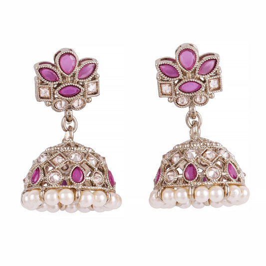 Saloni Fashion Jewellery Flower Design Pink Uncut Kundan Stone Antique Gold Plated Jhumki Earring For Women and Girls