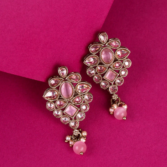 Saloni Fashion Jewellery Flower Design Pink Uncut Kundan Stone Mother of Pearl Antique Gold Plated Dangle Earring For Women and Girls