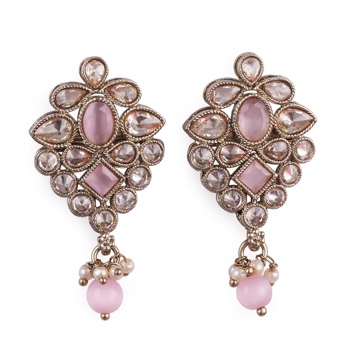 Saloni Fashion Jewellery Flower Design Pink Uncut Kundan Stone Mother of Pearl Antique Gold Plated Dangle Earring For Women and Girls - view 2