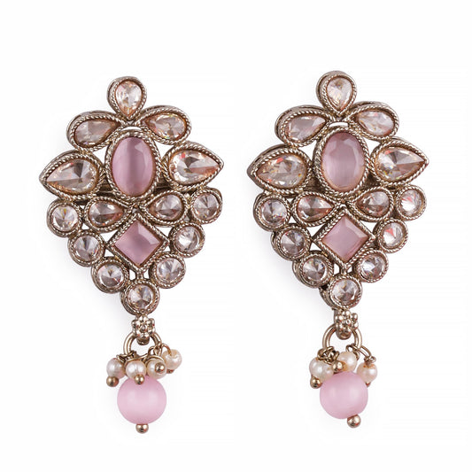 Saloni Fashion Jewellery Flower Design Pink Uncut Kundan Stone Mother of Pearl Antique Gold Plated Dangle Earring For Women and Girls