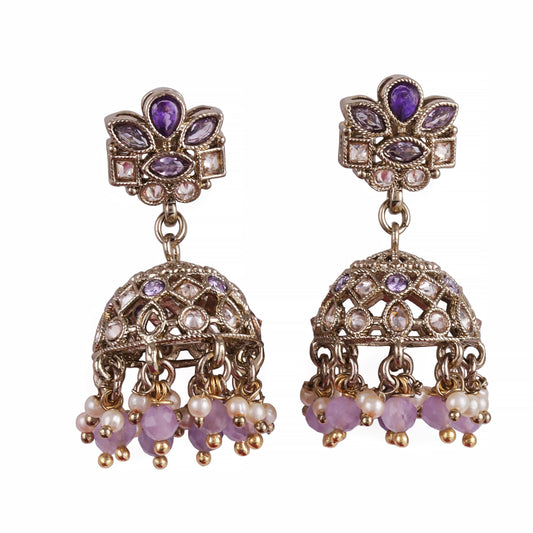 Saloni Fashion Jewellery Flower Design Purple Uncut Kundan Stone Antique Gold Plated Jhumki Earring For Women and Girls