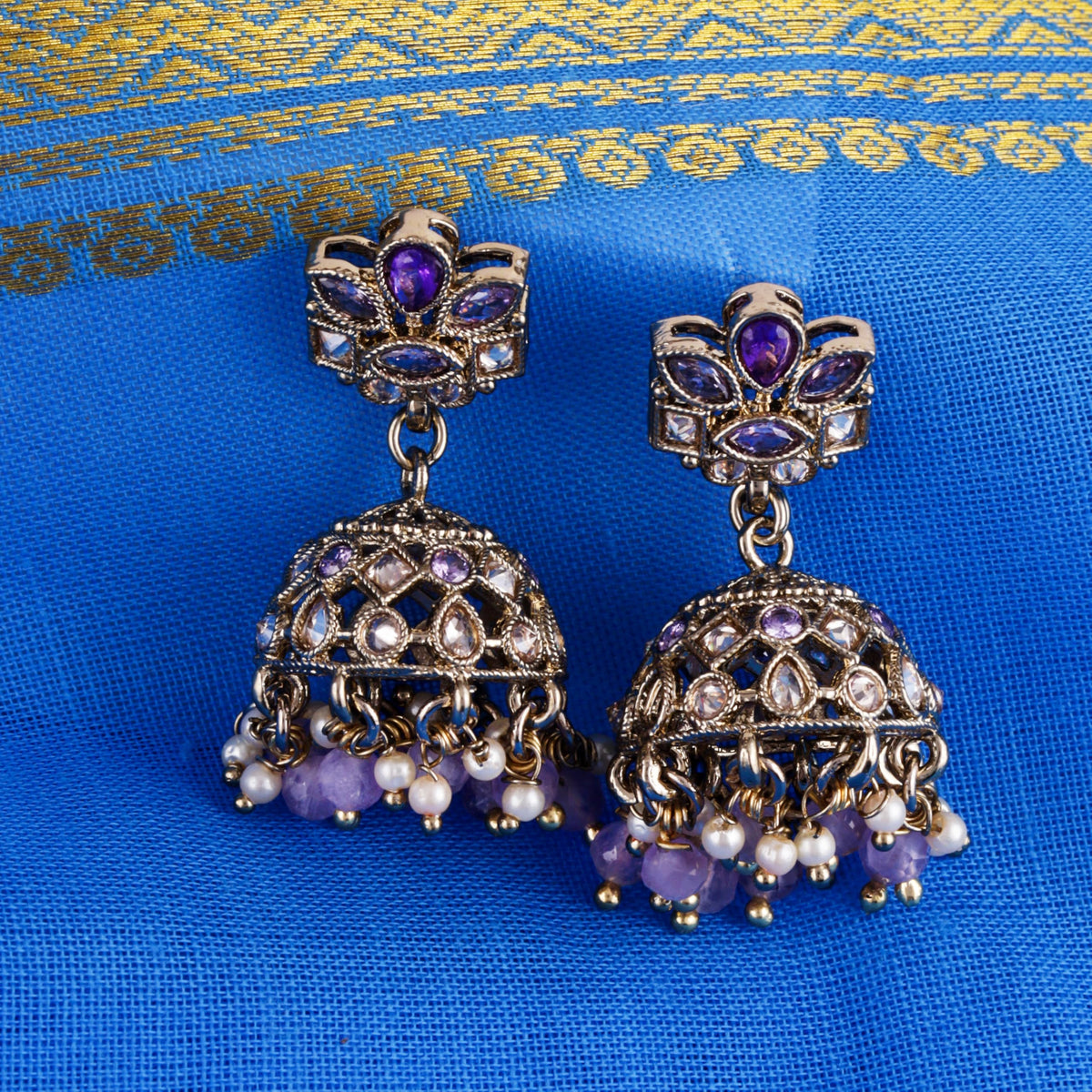 Saloni Fashion Jewellery Flower Design Purple Uncut Kundan Stone Antique Gold Plated Jhumki Earring For Women and Girls