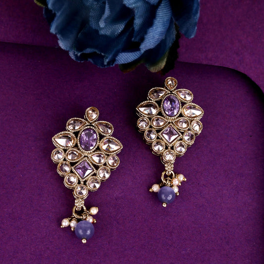 Saloni Fashion Jewellery Flower Design Purple Uncut Kundan Stone Mother of Pearl Antique Gold Plated Dangle Earring For Women and Girls