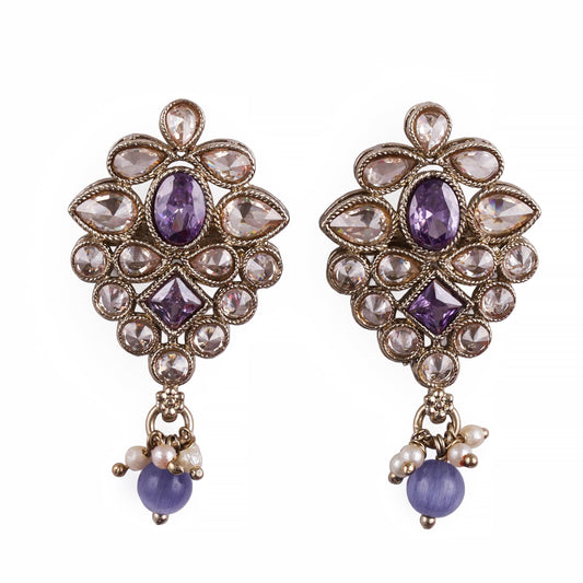 Saloni Fashion Jewellery Flower Design Purple Uncut Kundan Stone Mother of Pearl Antique Gold Plated Dangle Earring For Women and Girls
