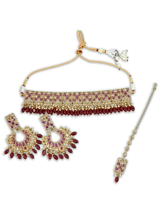 Saloni Fashion Jewellery Flower Design Red Uncut Kundan Gold Plated Collar Necklace Set with Maangtikka For Women and Girls