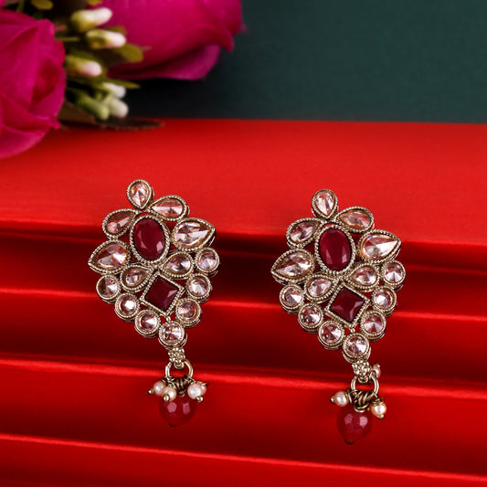 Saloni Fashion Jewellery Flower Design Red Uncut Kundan Stone Mother of Pearl Antique Gold Plated Dangle Earring For Women and Girls
