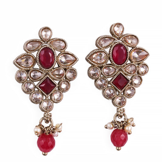 Saloni Fashion Jewellery Flower Design Red Uncut Kundan Stone Mother of Pearl Antique Gold Plated Dangle Earring For Women and Girls
