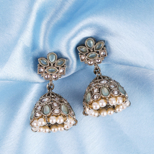 Saloni Fashion Jewellery Flower Design Sky Blue Uncut Kundan Stone Antique Gold Plated Jhumki Earring For Women and Girls