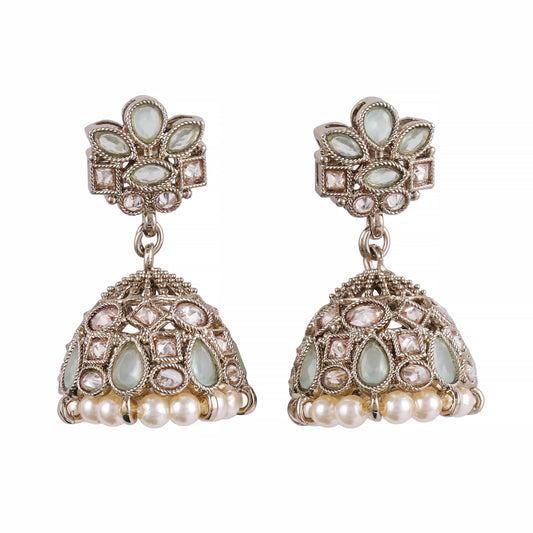 Saloni Fashion Jewellery Flower Design Sky Blue Uncut Kundan Stone Antique Gold Plated Jhumki Earring For Women and Girls