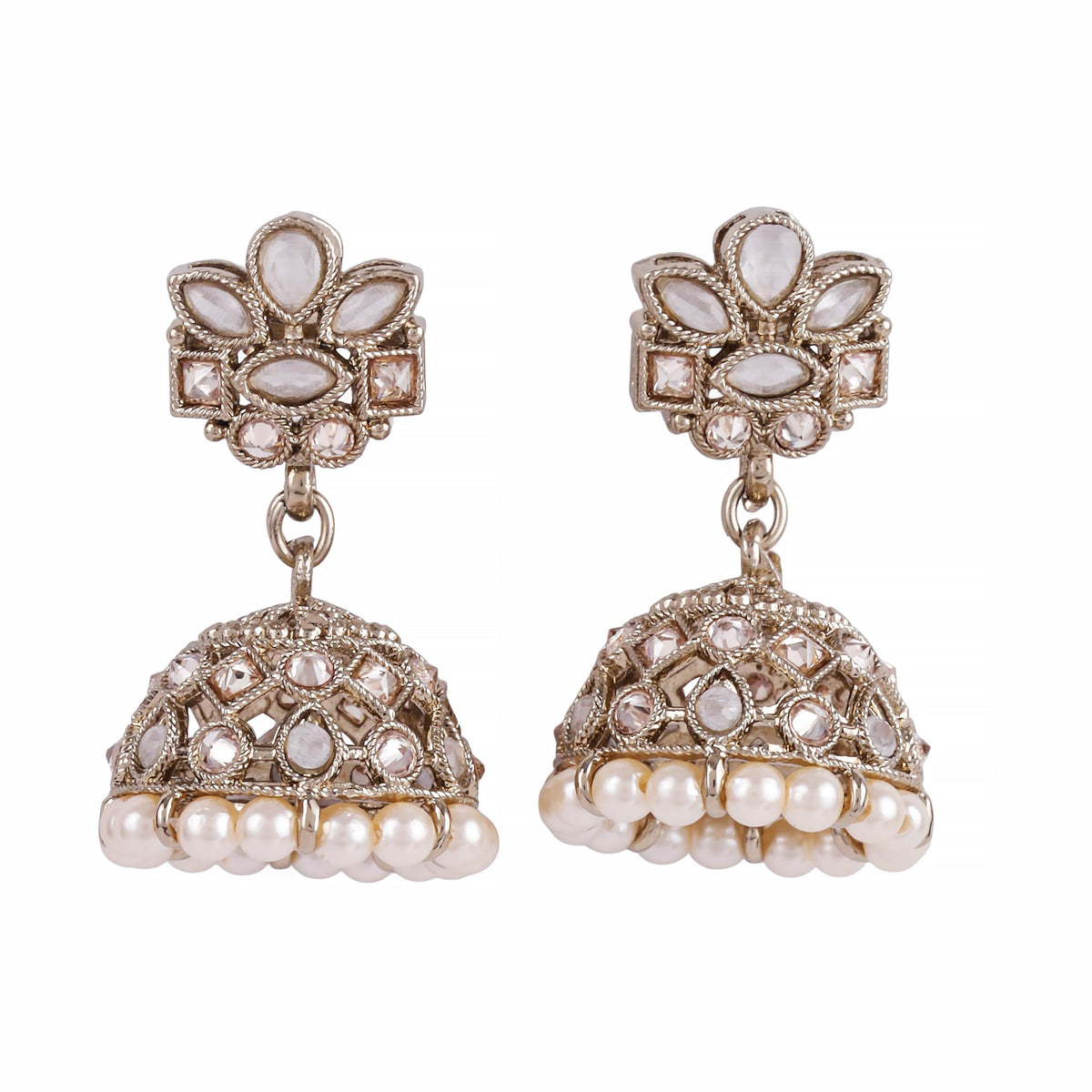 Saloni Fashion Jewellery Flower Design White Uncut Kundan Stone Antique Gold Plated Jhumki Earring For Women and Girls - view 2