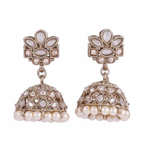 Saloni Fashion Jewellery Flower Design White Uncut Kundan Stone Antique Gold Plated Jhumki Earring For Women and Girls