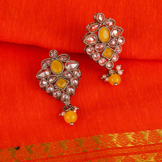 Saloni Fashion Jewellery Flower Design Yellow Uncut Kundan Stone Mother of Pearl Antique Gold Plated Dangle Earring For Women and Girls