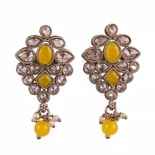 Saloni Fashion Jewellery Flower Design Yellow Uncut Kundan Stone Mother of Pearl Antique Gold Plated Dangle Earring For Women and Girls
