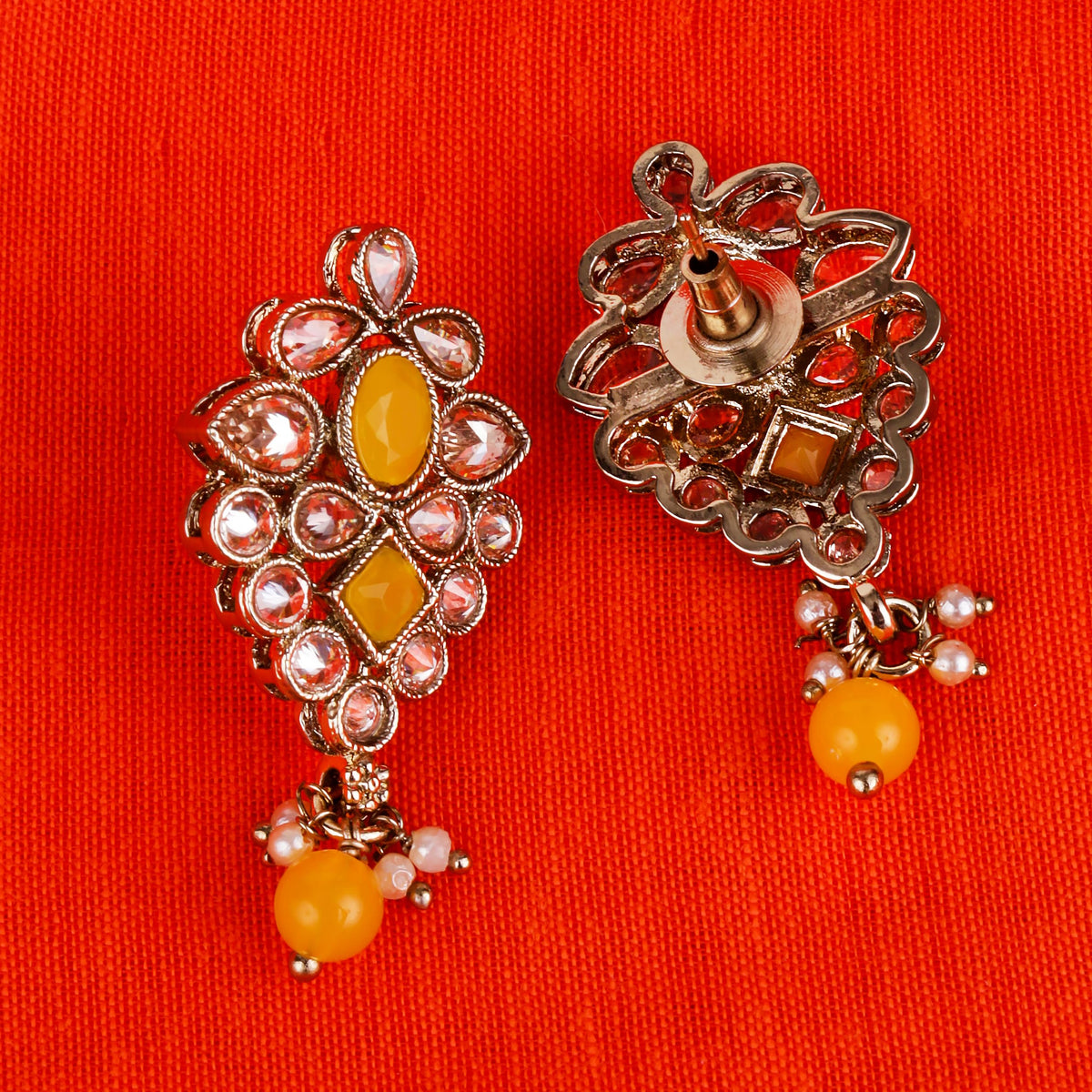Saloni Fashion Jewellery Flower Design Yellow Uncut Kundan Stone Mother of Pearl Antique Gold Plated Dangle Earring For Women and Girls - view 4