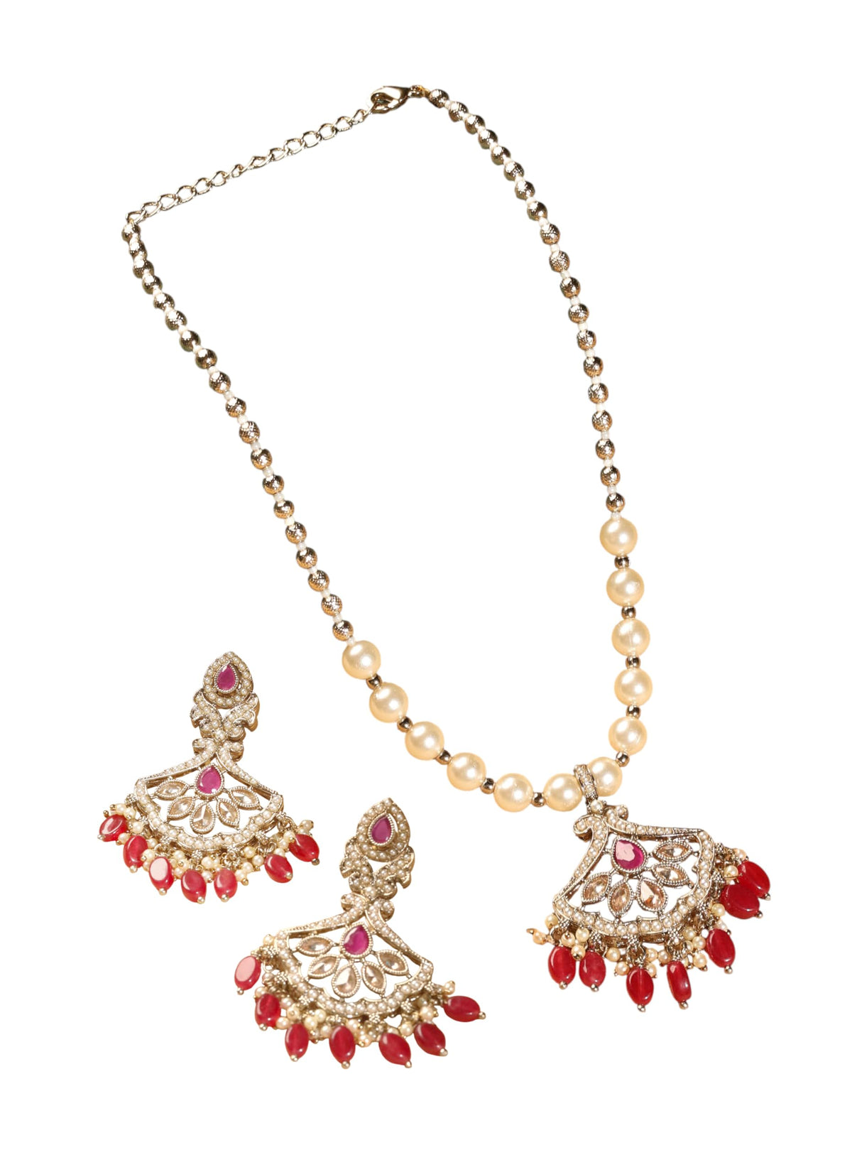 Saloni Fashion Jewellery Flower Shape Mother of Pearl Red Uncut Kundan Stone Antique Gold Plated Princess Necklace Set For Women and Girls