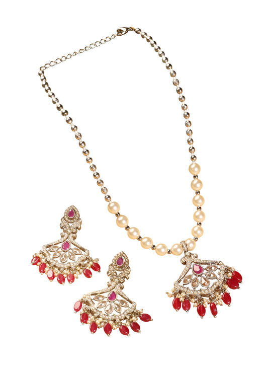 Saloni Fashion Jewellery Flower Shape Mother of Pearl Red Uncut Kundan Stone Antique Gold Plated Princess Necklace Set For Women and Girls