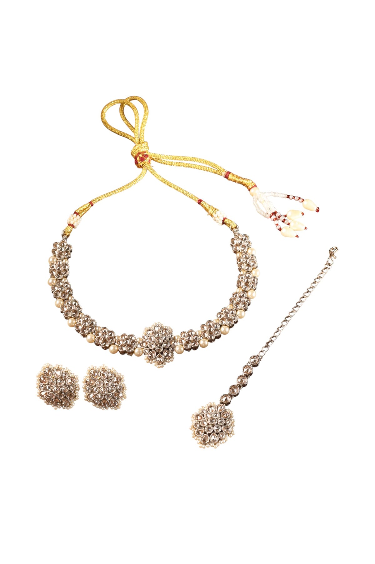 Saloni Fashion Jewellery Flower Shape Pearl Brown Kundan Stone Antique Gold Plated Choker Necklace Set with Maang Tikka For Women and Girls