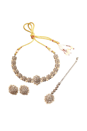 Saloni Fashion Jewellery Flower Shape Pearl Brown Kundan Stone Antique Gold Plated Choker Necklace Set with Maang Tikka For Women and Girls