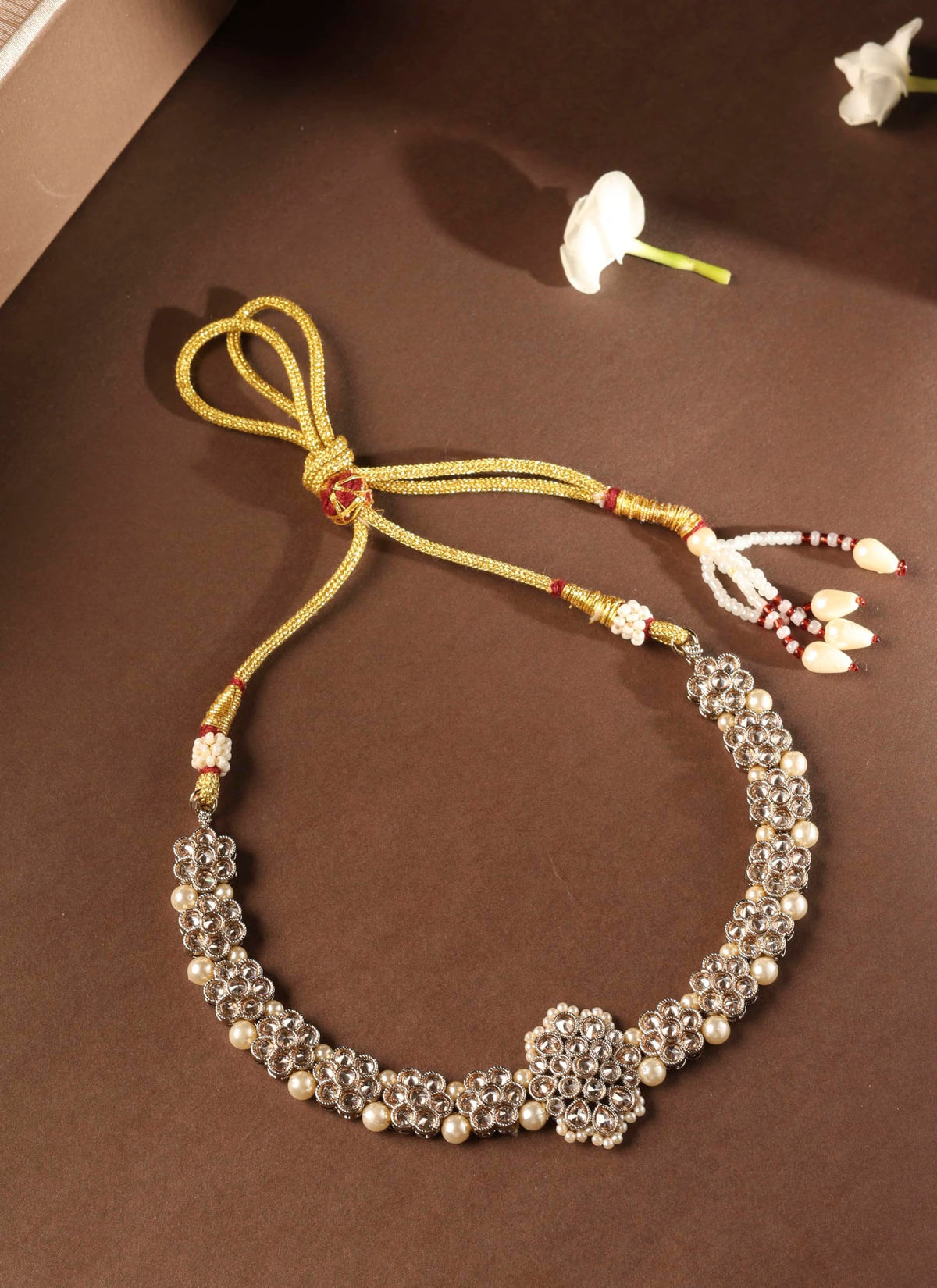 Saloni Fashion Jewellery Flower Shape Pearl Brown Kundan Stone Antique Gold Plated Choker Necklace Set with Maang Tikka For Women and Girls