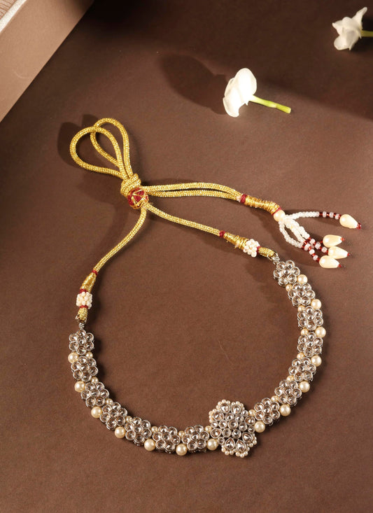Saloni Fashion Jewellery Flower Shape Pearl Brown Kundan Stone Antique Gold Plated Choker Necklace Set with Maang Tikka For Women and Girls