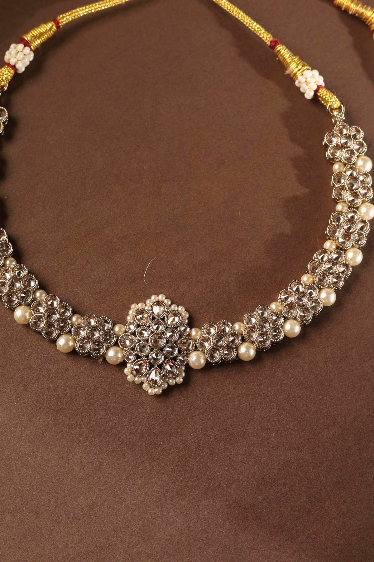Saloni Fashion Jewellery Flower Shape Pearl Brown Kundan Stone Antique Gold Plated Choker Necklace Set with Maang Tikka For Women and Girls