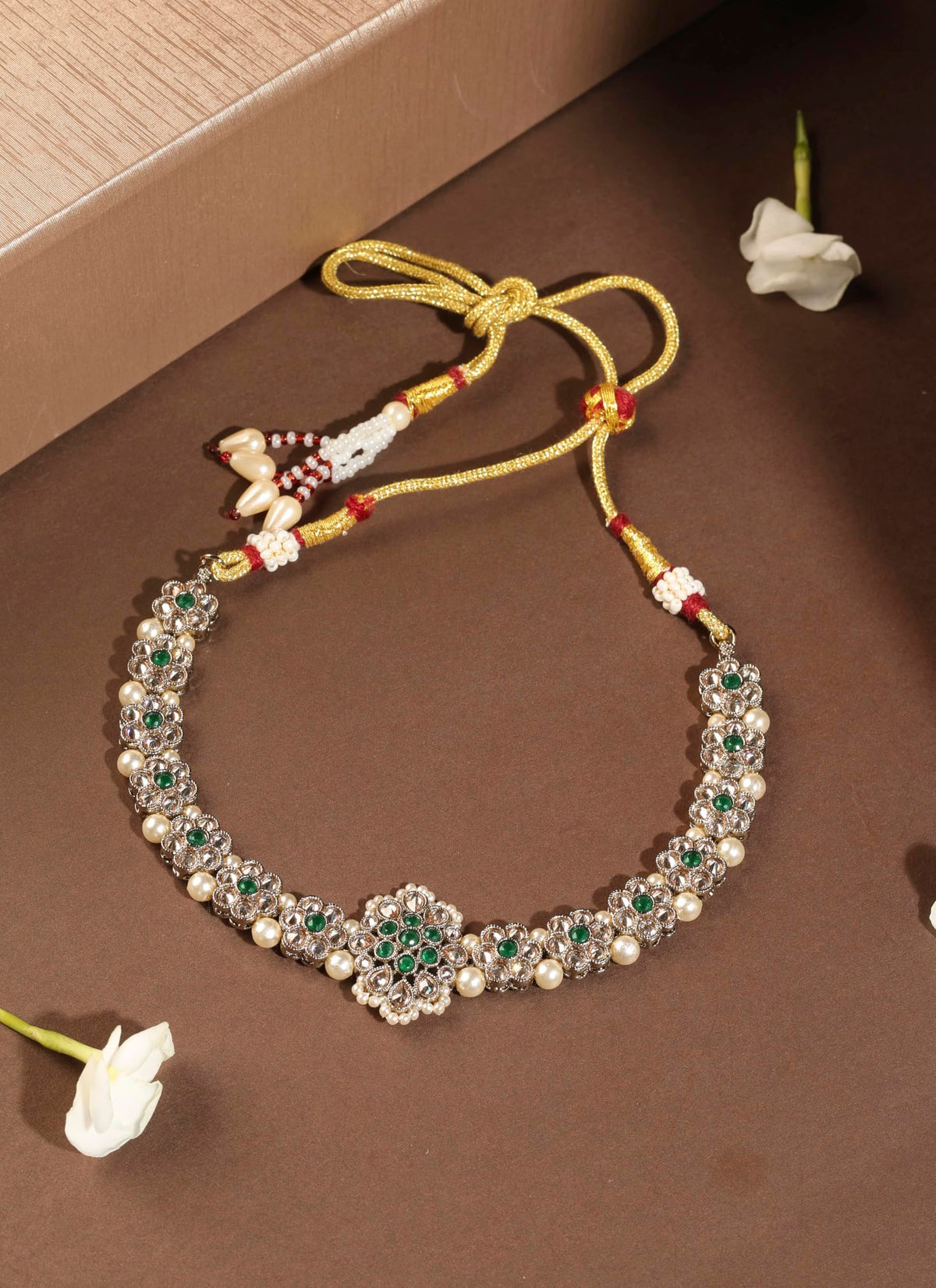 Saloni Fashion Jewellery Flower Shape Pearl Green Kundan Stone Antique Gold Plated Choker Necklace Set with Maang Tikka For Women and Girls