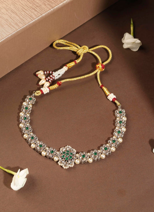 Saloni Fashion Jewellery Flower Shape Pearl Green Kundan Stone Antique Gold Plated Choker Necklace Set with Maang Tikka For Women and Girls