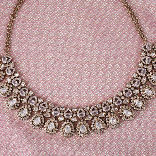 Saloni Fashion Jewellery Glamorous Oval Shape Uncut Kundan Stone Gold Plated Brass Choker Necklace Set With Maang Tikka For Women and Girls