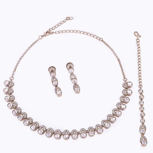 Saloni Fashion Jewellery Glimmery Round Shape CZ Studded Gold Plated Choker Necklace Set With Maangikka For Women and Girls