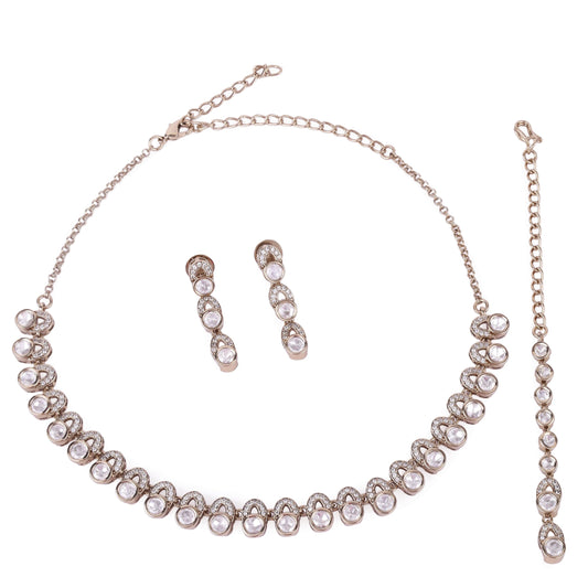 Saloni Fashion Jewellery Glimmery Round Shape CZ Studded Gold Plated Choker Necklace Set With Maangikka For Women and Girls
