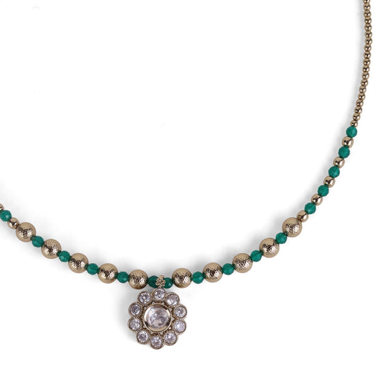 Saloni Fashion Jewellery Green and Golden Ball Gold Plated Matinee Necklace Set (Mala) For Women