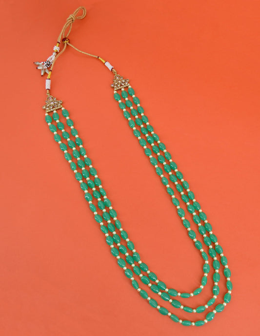 Saloni Fashion Jewellery Green Mother of Pearls 3 Layered Gold Plated Long Haram Necklace Pearl Mala For Women and Girls